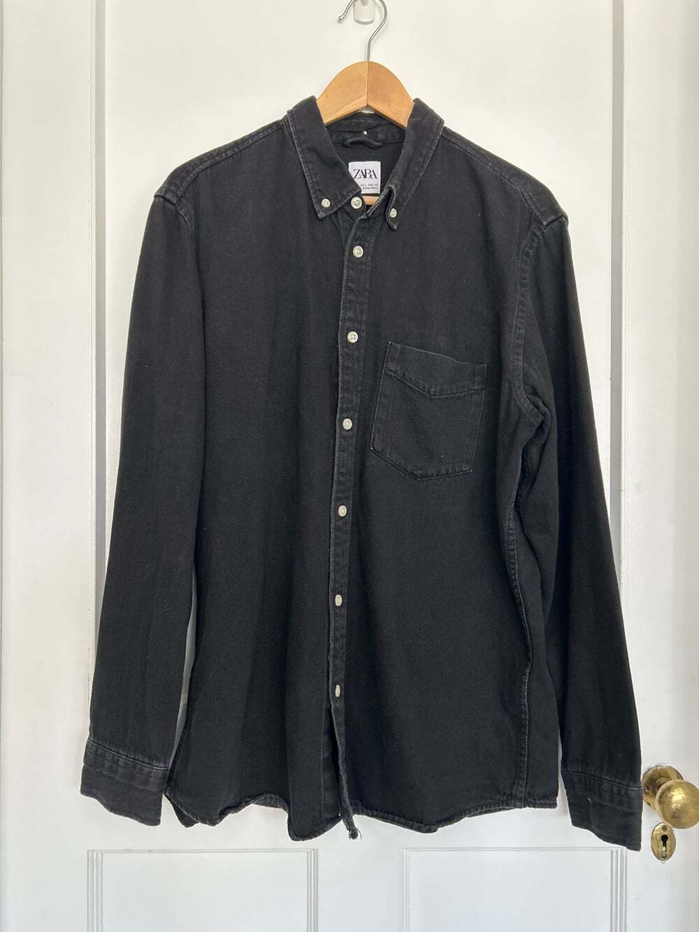 Zara Men's Black Denim Button Down Shirt, Size Large